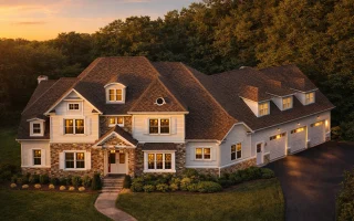Front elevation of a Shingle Style Coastal Traditional home featuring cedar shingle siding, stone exterior, symmetrical dormers, and an elegant attached garage