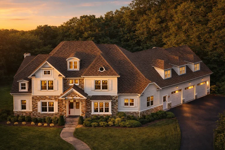 Front elevation of a Shingle Style Coastal Traditional home featuring cedar shingle siding, stone exterior, symmetrical dormers, and an elegant attached garage