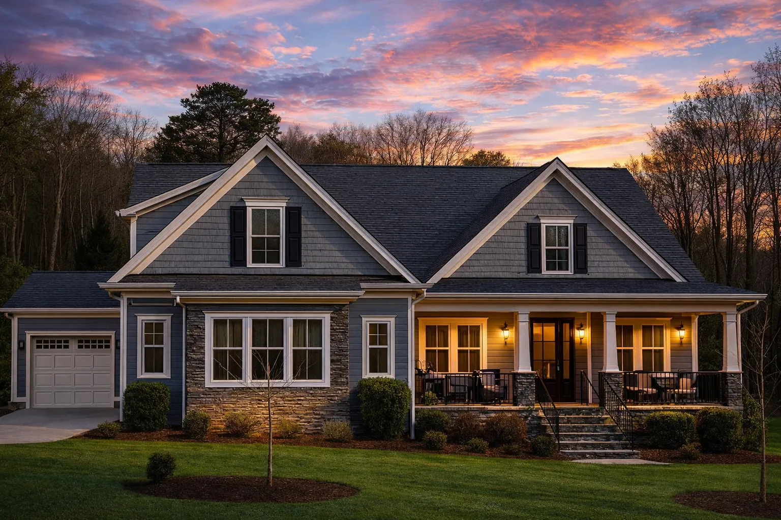 Front exterior of New American Modern Traditional style home with horizontal lap siding, gabled rooflines, shutters, and covered front porch at sunset