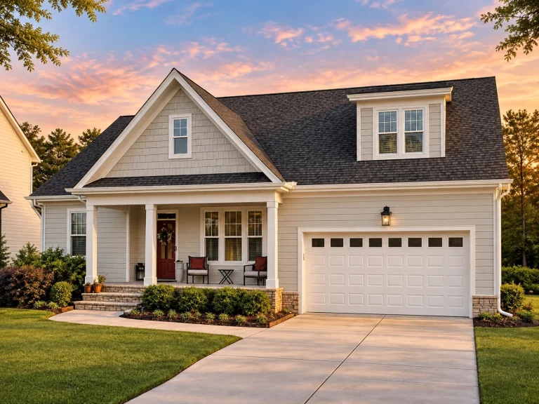 Conventional House Plans 9 Front elevation of a Cape Cod coastal style home with horizontal siding, covered porch, and attached garage