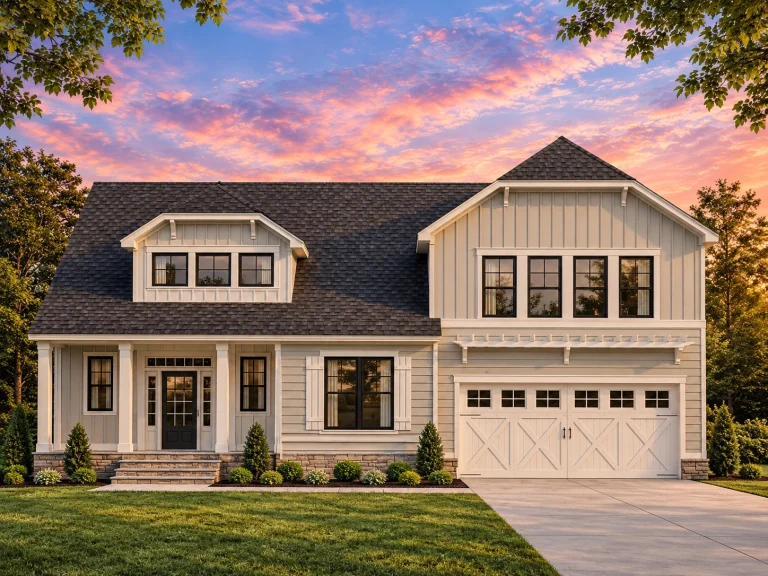 Conventional House Plans 20 Front elevation of a New American modern farmhouse with board and batten siding, stone accents, gabled rooflines, and attached garage