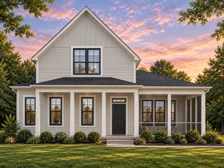 Front elevation of a Modern Farmhouse style home featuring board and batten siding, stone accents, black windows, and a covered front porch