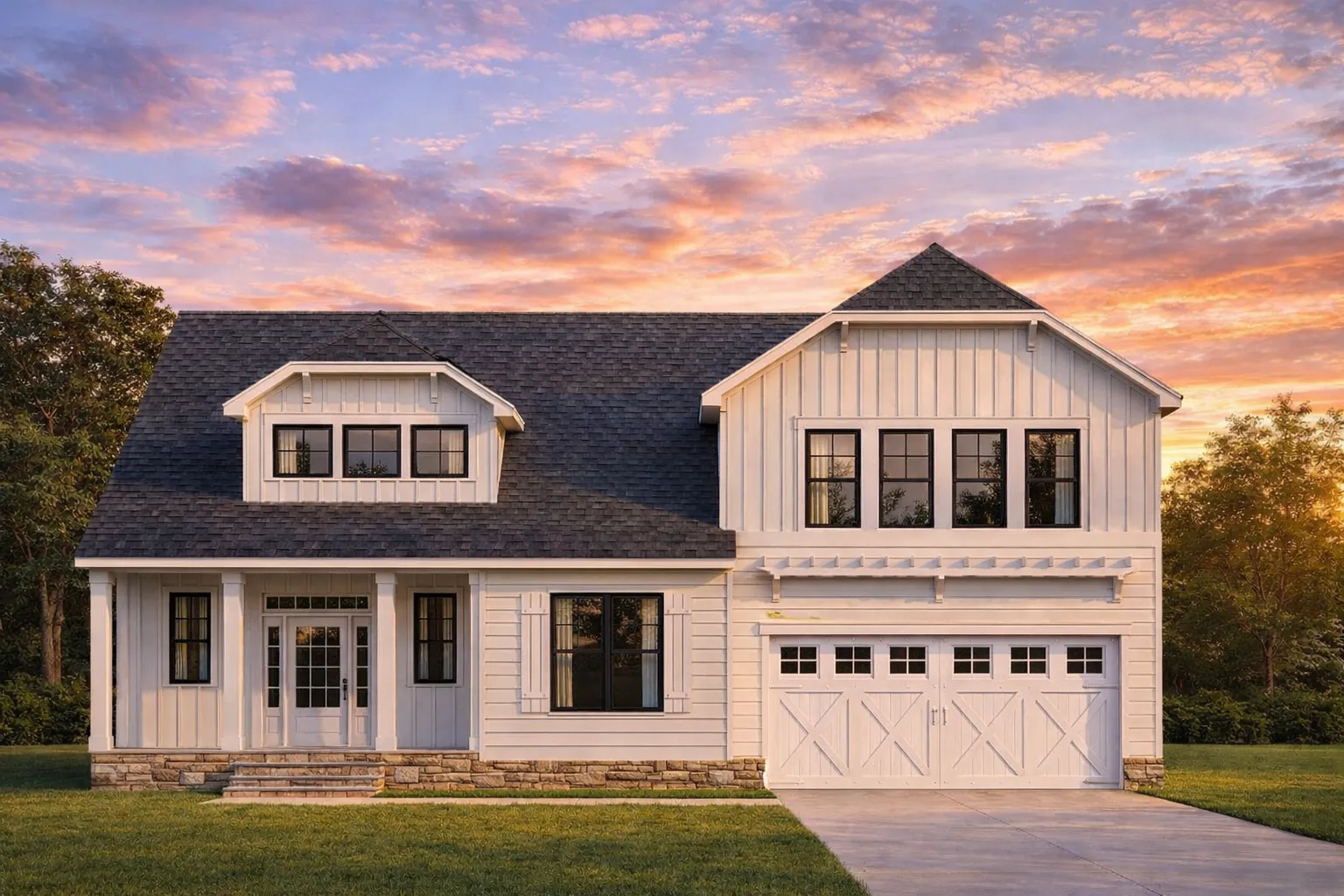 Front elevation of a New American modern farmhouse with board and batten siding, stone accents, gabled rooflines, and attached garage