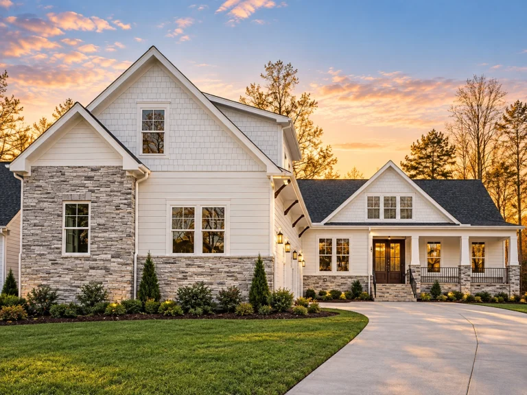 Garage Apartment Plans 10 Front exterior of a New American Modern Farmhouse house featuring horizontal siding, stone accents, gabled rooflines, and an inviting covered porch