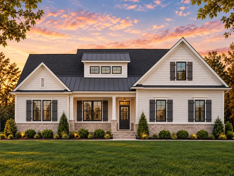 Front view of a Craftsman Ranch style house featuring stone accents, board and batten, and horizontal siding with a welcoming covered porch entry