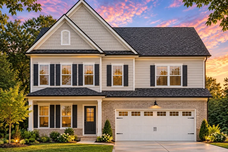 Front view of a Modern Farmhouse style two-story home featuring board and batten siding with stone accents, black window trim, and a two-car garage