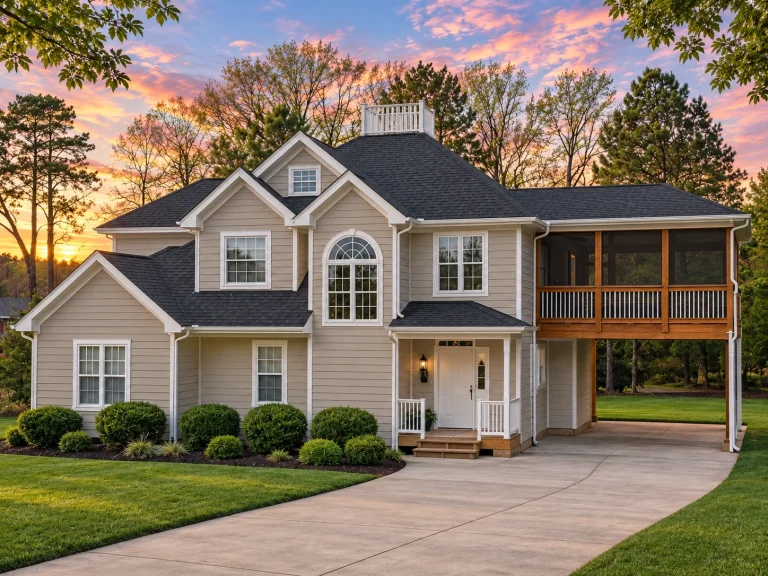 Classical House Plans 9 Front elevation of a Modern Farmhouse home featuring board-and-batten siding, dark roofing, traditional windows, and a large elevated deck