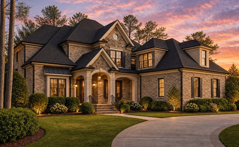 7 Bedroom House Plans 25 Front elevation of a French Country style luxury home with brick exterior, cedar shake siding, steep gabled rooflines, and arched entry