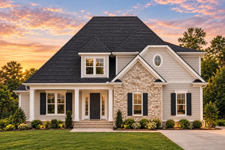 Front elevation of Traditional style home with brick veneer, lap siding, covered porch, and gabled dormer
