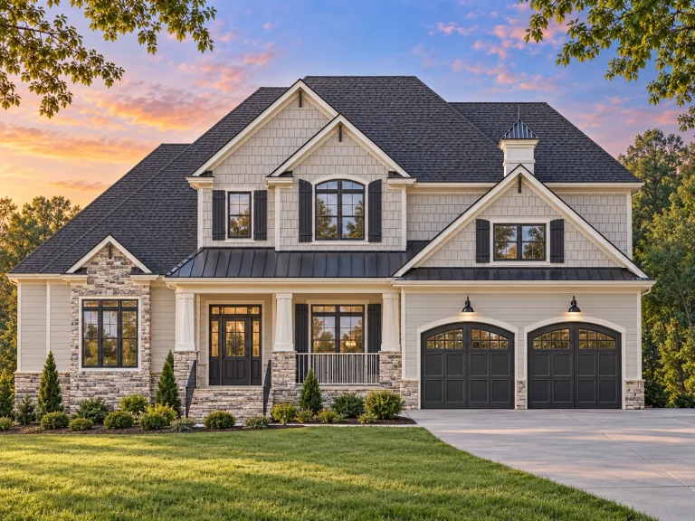 Front elevation of a New American Craftsman style home with horizontal siding, stone accents, dormer windows, and a covered front porch
