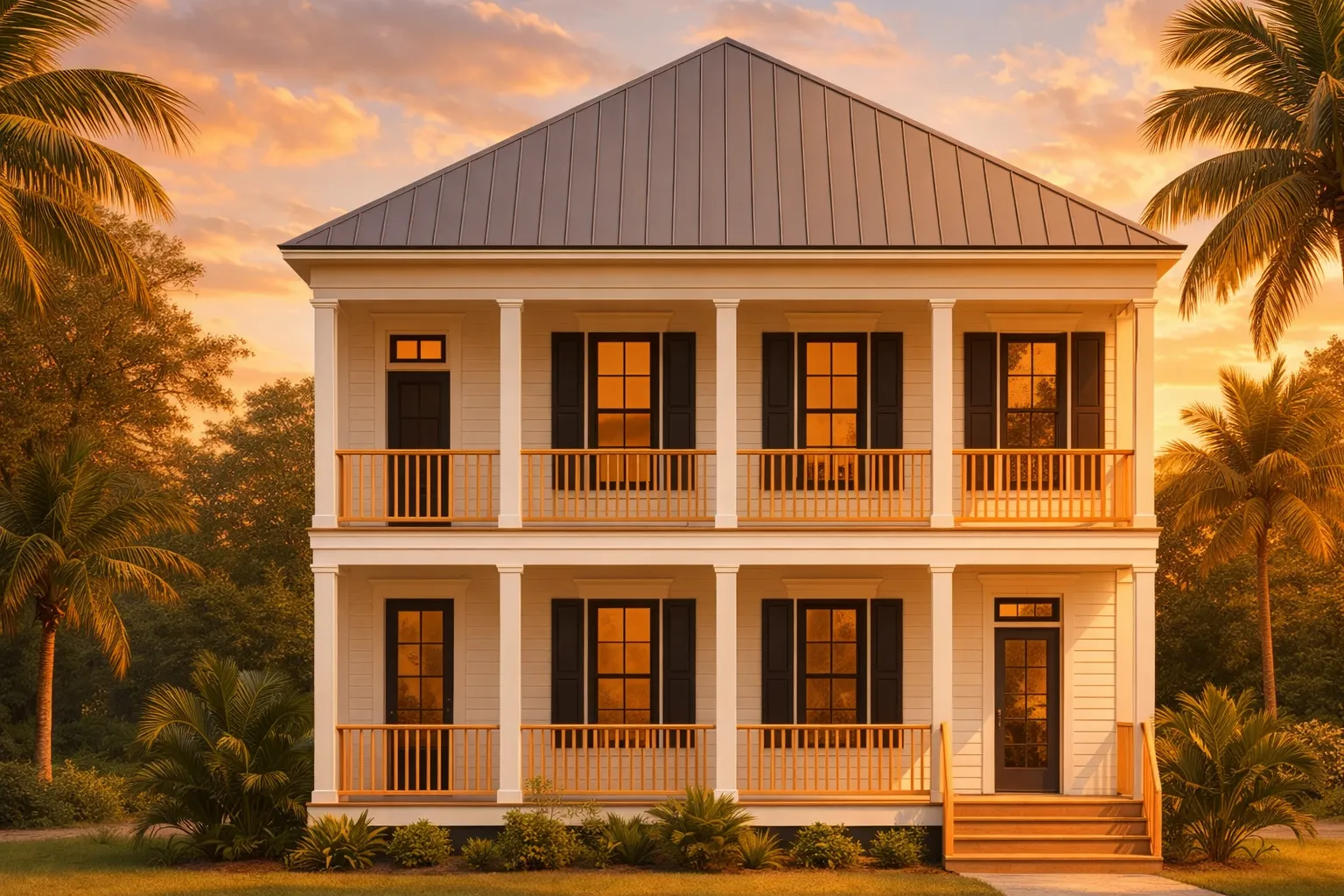 Front elevation of a Southern Low Country Colonial style home with double stacked porches, board and batten siding, and standing seam metal roof