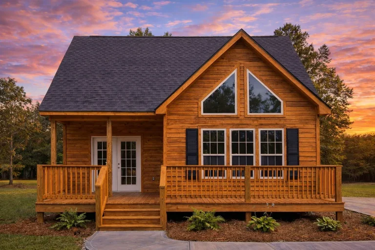 Front view of a Cottage Modern Farmhouse featuring blue siding, red double front doors, and large windows with clean white trim