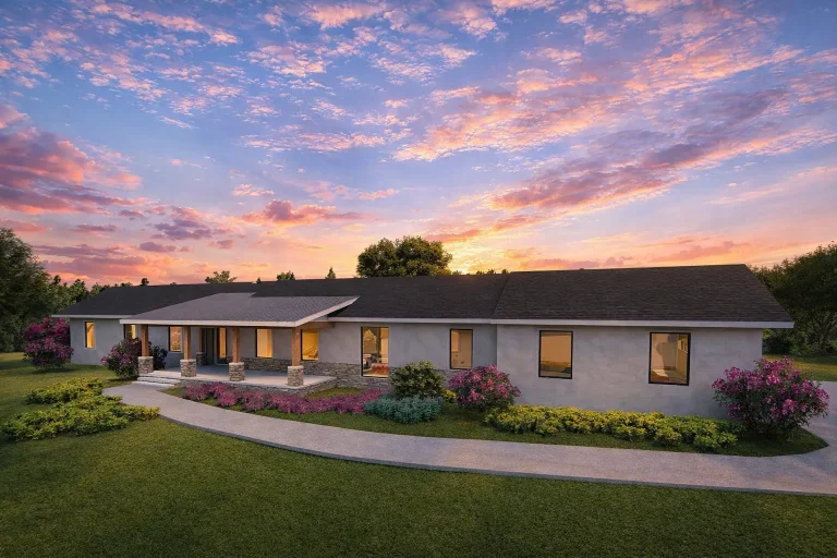 Front elevation of a Modern Farmhouse Ranch style home featuring board and batten siding, stone foundation accents, metal porch roof, and symmetrical single-story layout