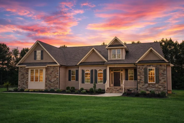 Front elevation of a Traditional Ranch style home featuring stone veneer, horizontal siding, Craftsman trim, and a welcoming covered porch