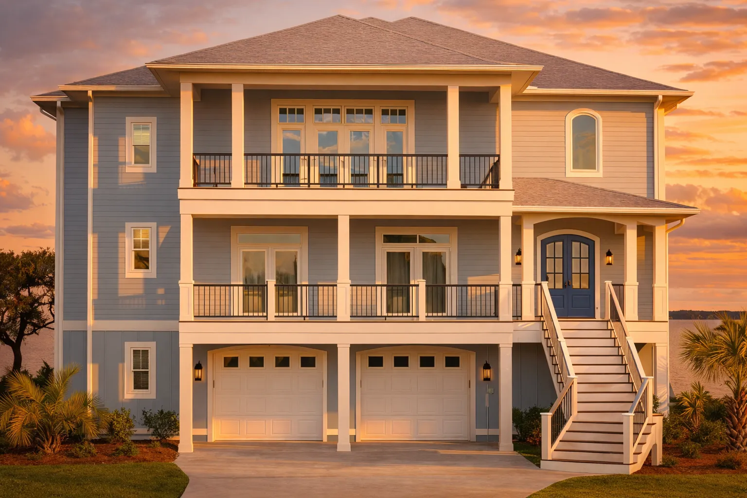 Luxury House Plans 11 Front exterior of a Coastal Low Country style house featuring elevated construction, horizontal siding, double stacked porches, and classic Southern proportions