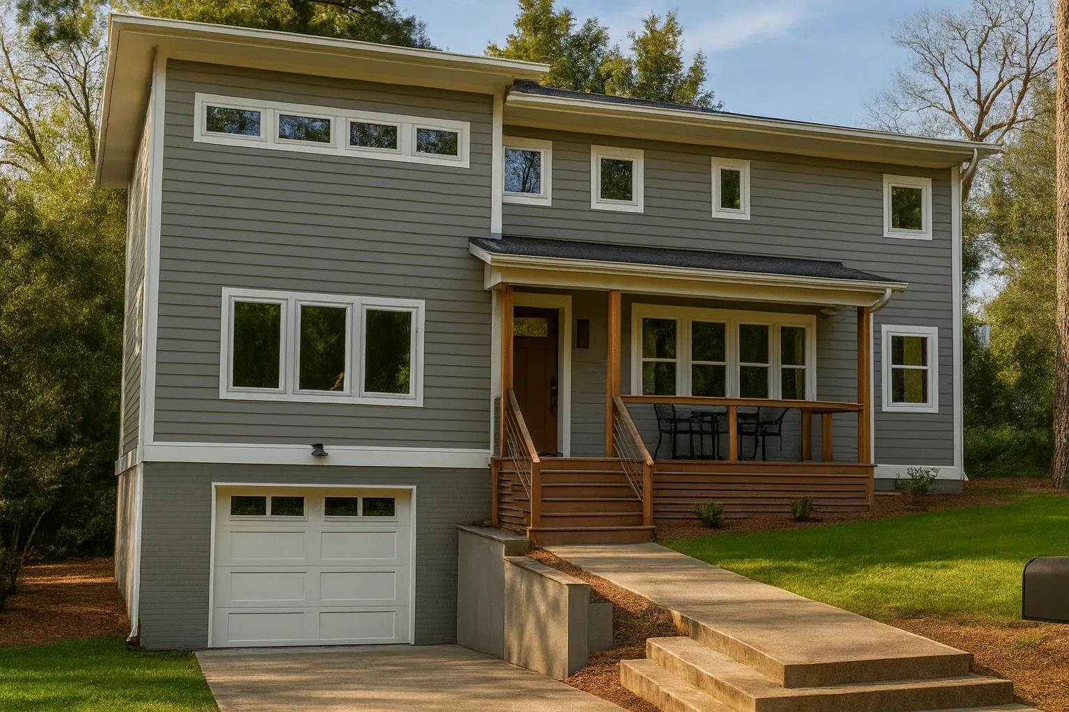 Front view of a Modern Contemporary home featuring clean lines, horizontal lap siding, and a welcoming covered porch entry