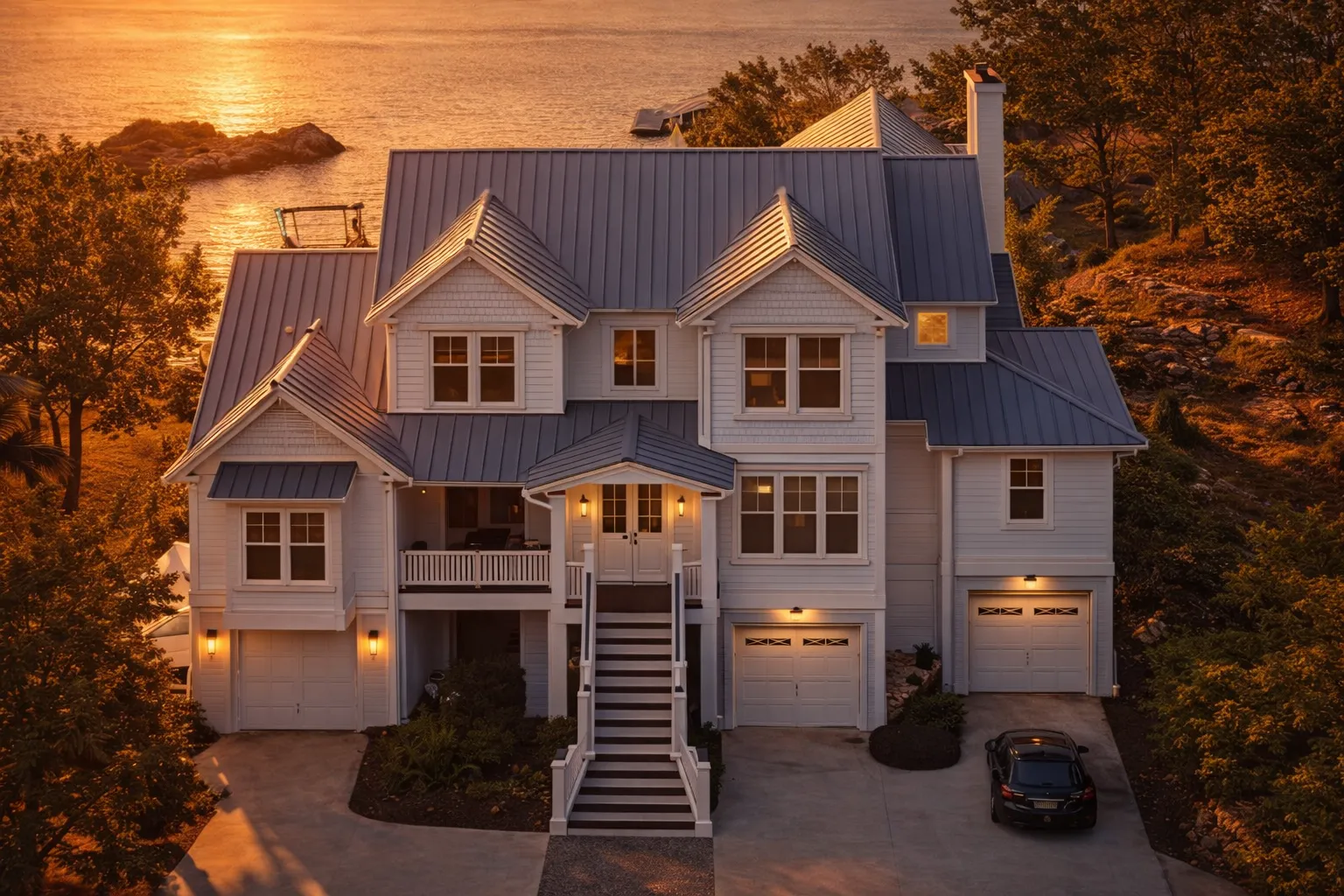 Front exterior of a Coastal Traditional beach house with board and batten siding, standing seam metal roof, elevated entry, and double garages