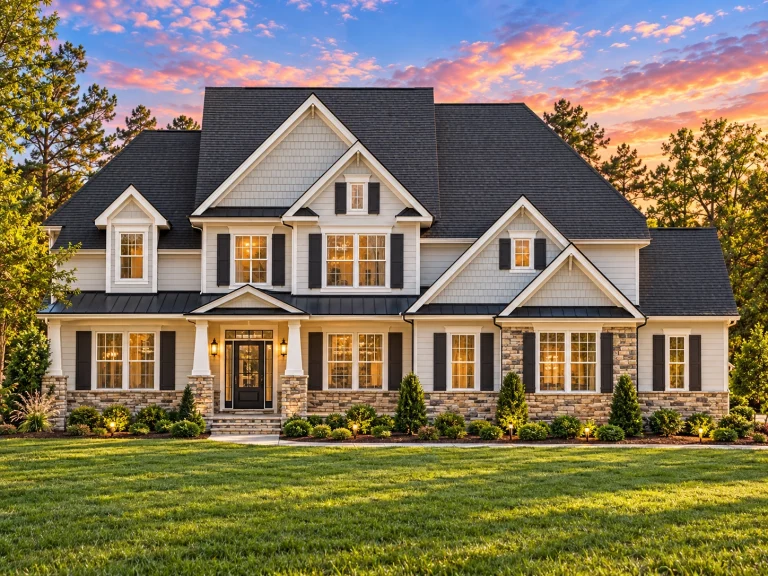 Front elevation of a New American style home featuring horizontal siding, stone accents, symmetrical windows, and a covered front porch
