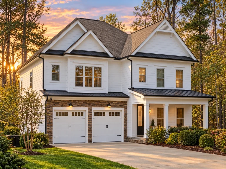 Front exterior of New American Modern Traditional house with horizontal lap siding, gabled rooflines, double garage, and covered front porch
