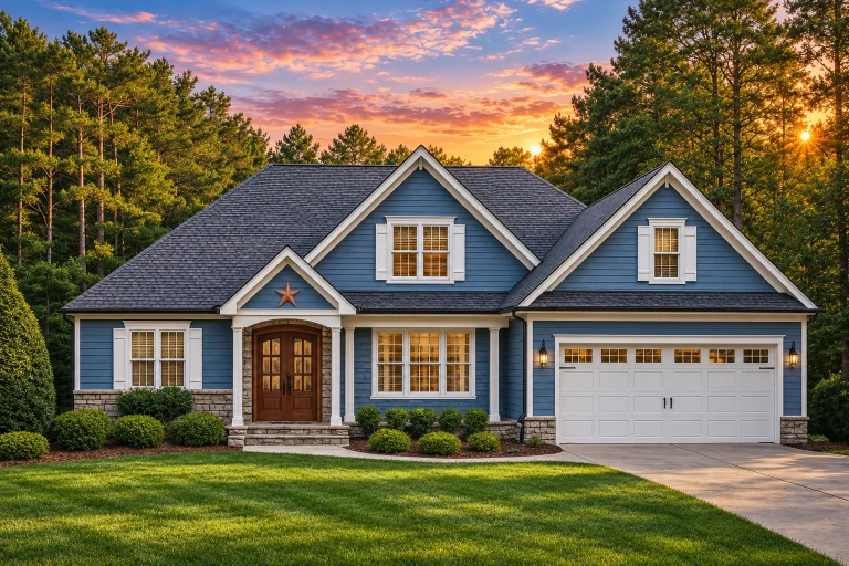 Cottage House Plans 20 Front exterior view of a New American Craftsman style home with blue horizontal siding, stone accents, gabled rooflines, and attached two-car garage