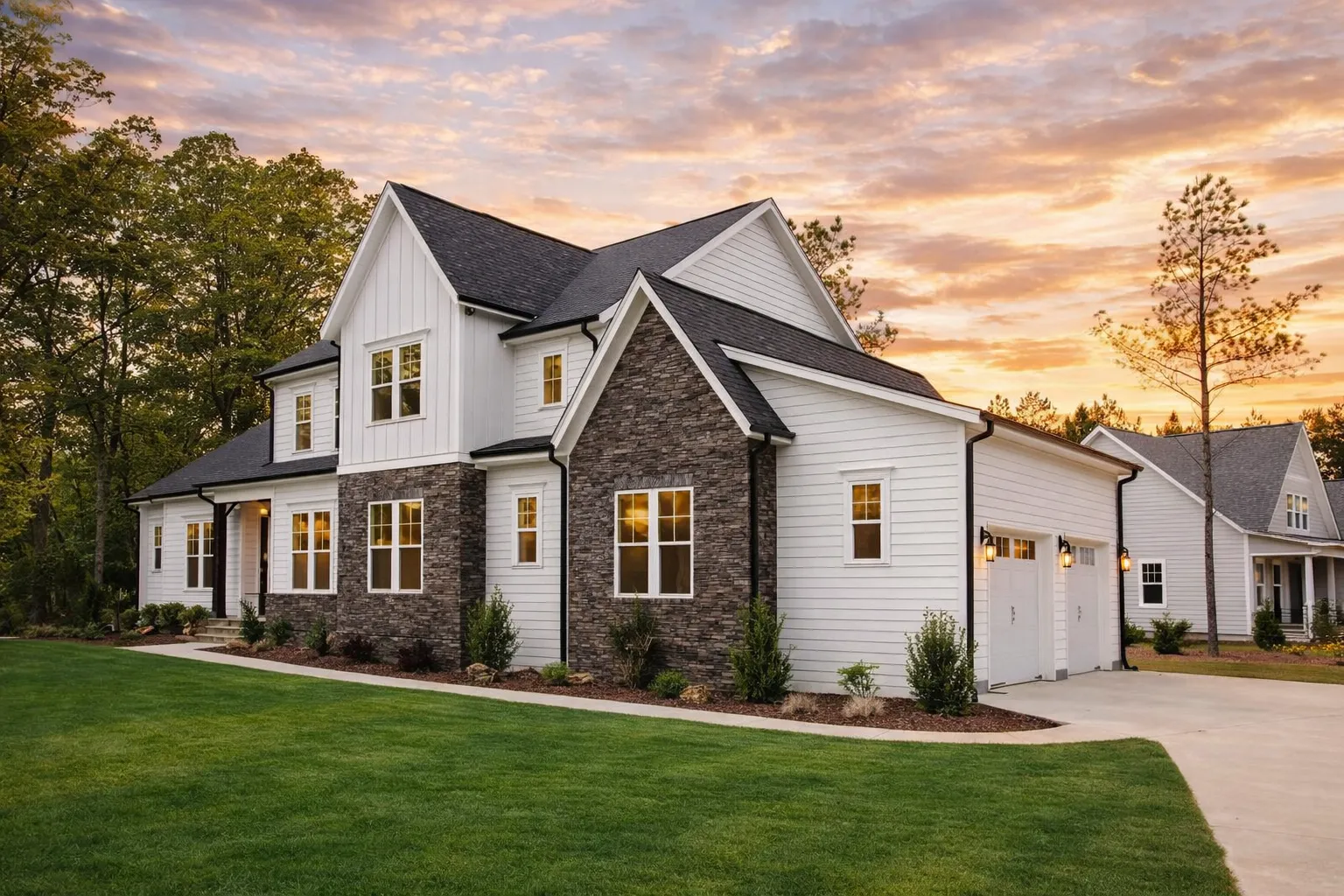 Front exterior of a New American modern traditional house featuring stone veneer, horizontal siding, board and batten accents, and symmetrical gabled rooflines