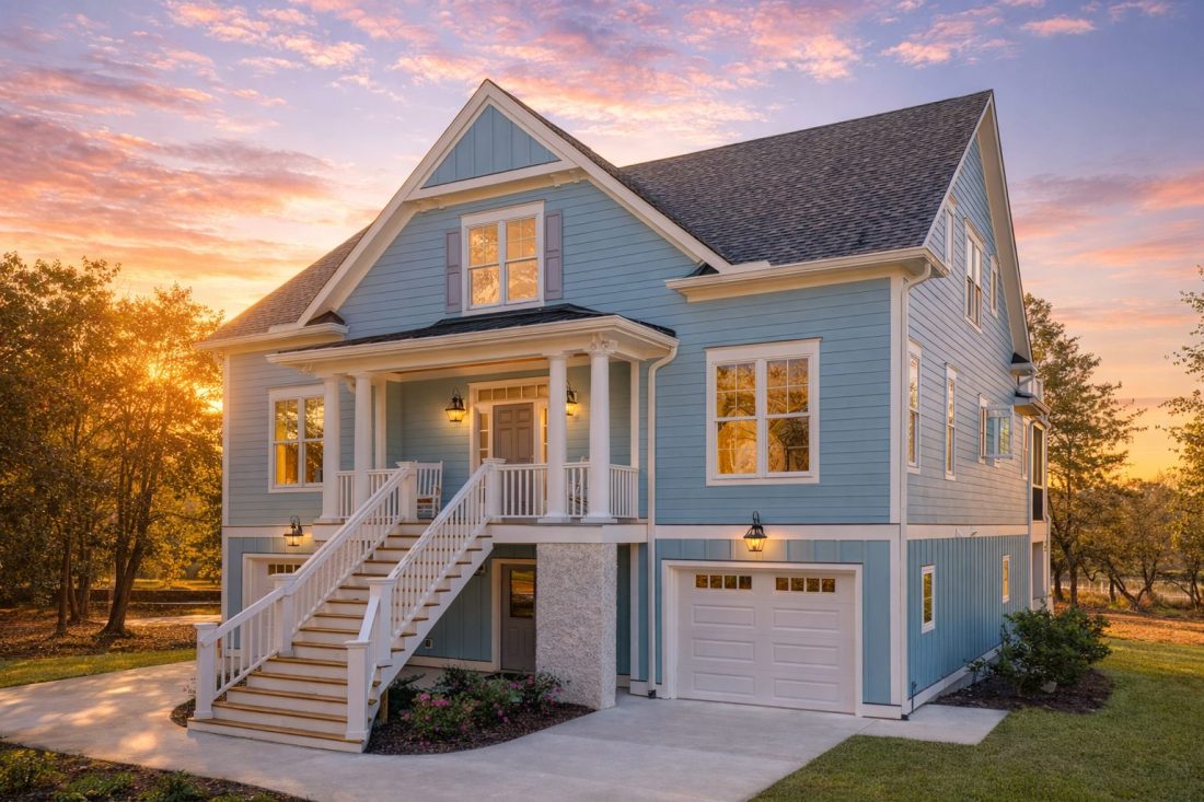 Front elevation of Coastal Traditional house with double covered porches, lap siding exterior, and symmetrical Colonial Revival design