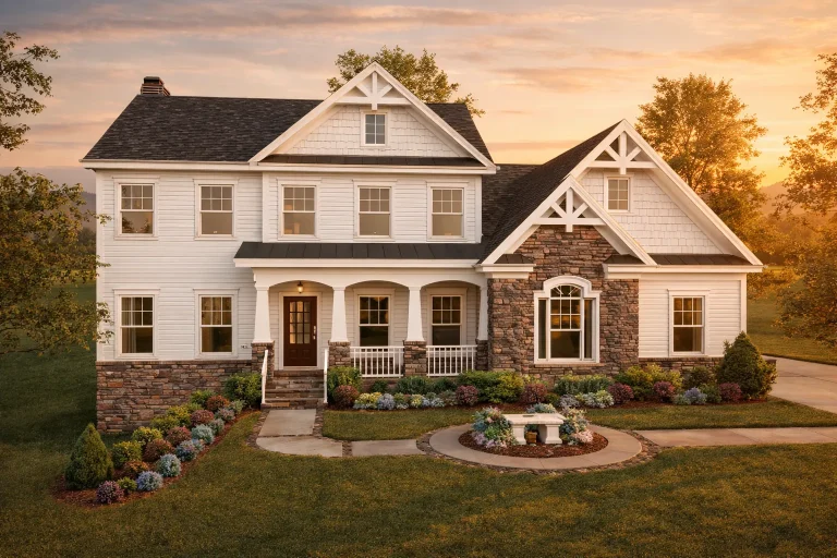 House Plans with Home Office 9 Front elevation of New American style home with stone accents, horizontal siding, and symmetrical traditional design