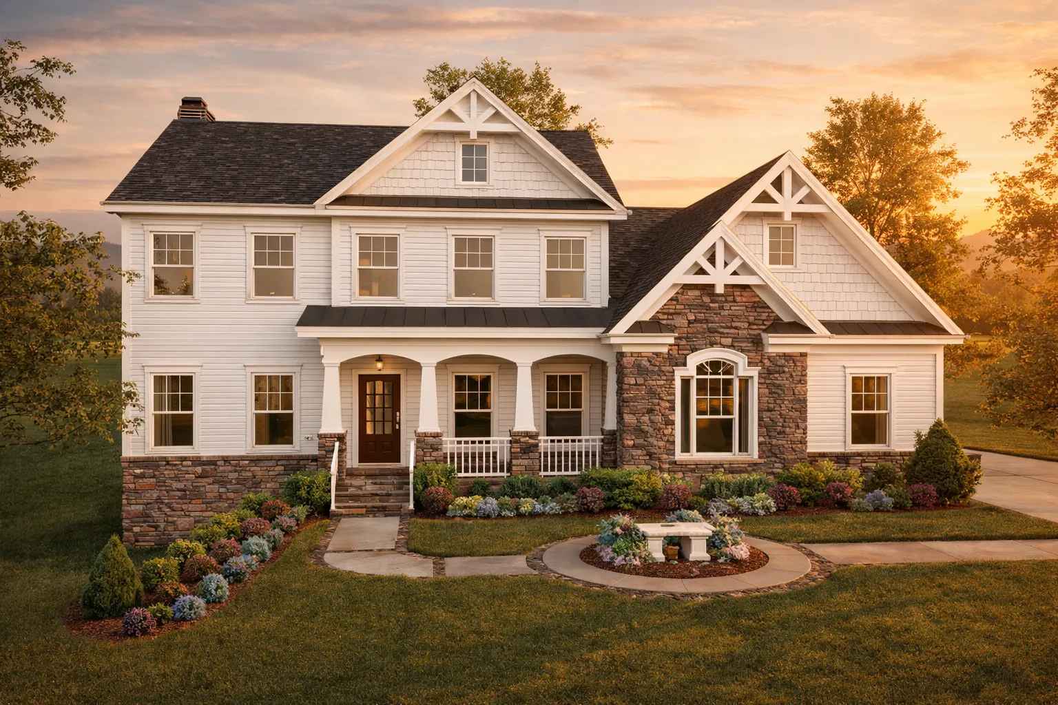 House Plans with Recreation Room 29 Front elevation of New American style home with stone accents, horizontal siding, and symmetrical traditional design