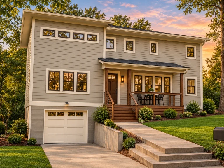Front view of a Modern Contemporary home featuring clean lines, horizontal lap siding, and a welcoming covered porch entry