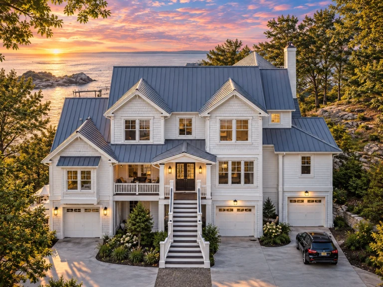 Front exterior of a Coastal Traditional beach house with board and batten siding, standing seam metal roof, elevated entry, and double garages