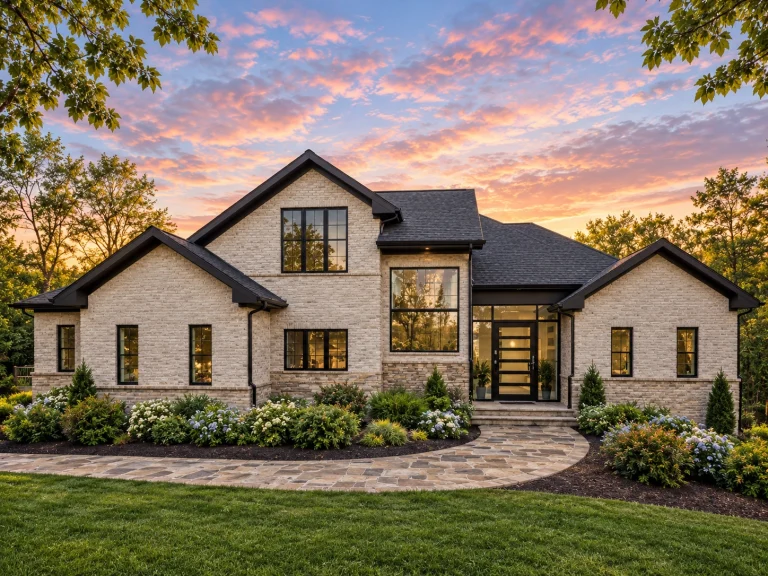 Best-Selling House Plans for Builders 14 Front elevation of a Transitional New American home with brick exterior, large windows, and modern traditional detailing