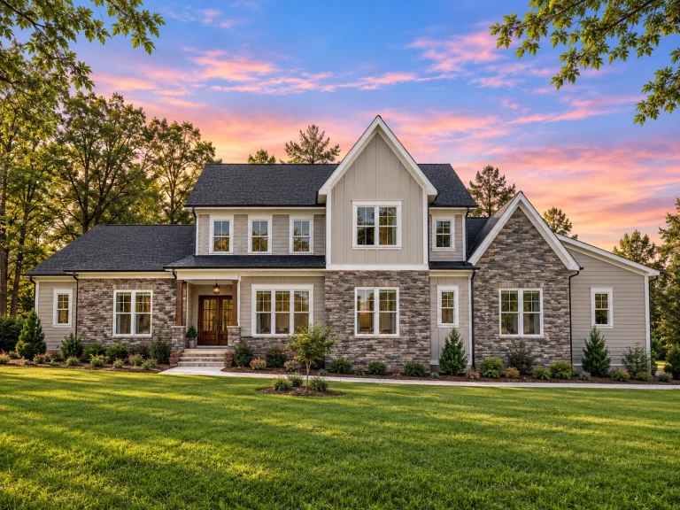 Front exterior of a New American modern traditional house featuring stone veneer, horizontal siding, board and batten accents, and symmetrical gabled rooflines