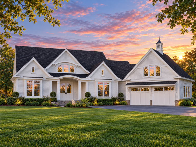Front elevation of a Shingle Style Coastal home featuring gray shingle siding, white trim, arched porch, gabled rooflines, and a two-car garage
