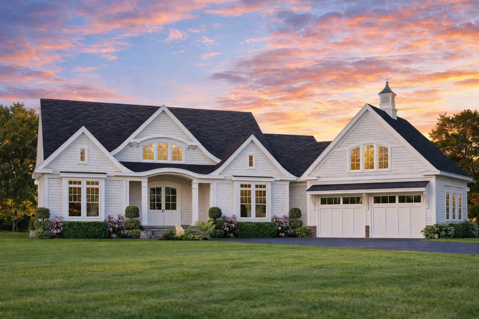 Front elevation of a Shingle Style Coastal home featuring gray shingle siding, white trim, arched porch, gabled rooflines, and a two-car garage