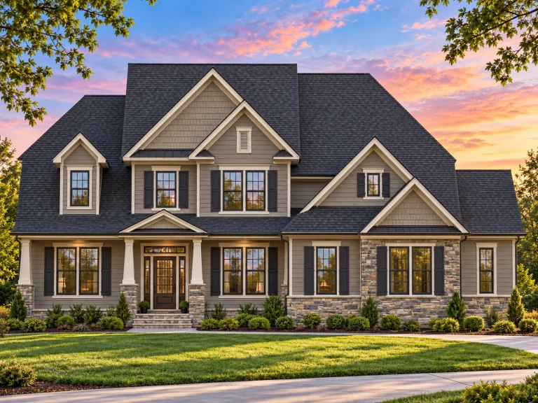 House Plans with Fireplace 17 Front elevation of a New American style home featuring horizontal siding, stone accents, symmetrical windows, and a covered front porch