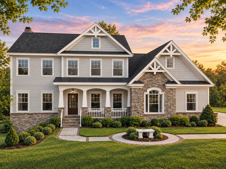 Conventional House Plans 4 Front elevation of New American style home with stone accents, horizontal siding, and symmetrical traditional design