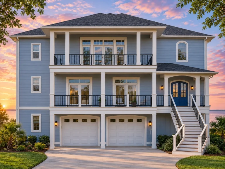 Front exterior of a Coastal Low Country style house featuring elevated construction, horizontal siding, double stacked porches, and classic Southern proportions