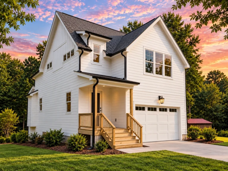 Ranch House Plans 11 Front exterior view of a New American style garage apartment with horizontal siding, simple gabled rooflines, and private exterior stair entry