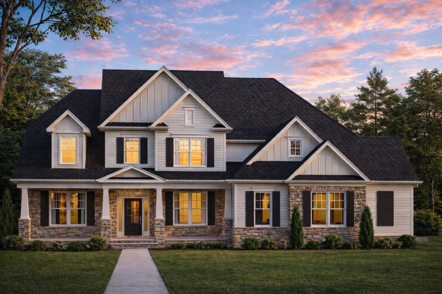 Front elevation of a New American style home featuring horizontal siding, stone accents, symmetrical windows, and a covered front porch