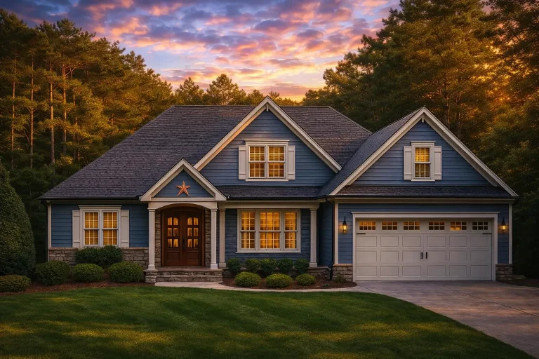 Front exterior view of a New American Craftsman style home with blue horizontal siding, stone accents, gabled rooflines, and attached two-car garage