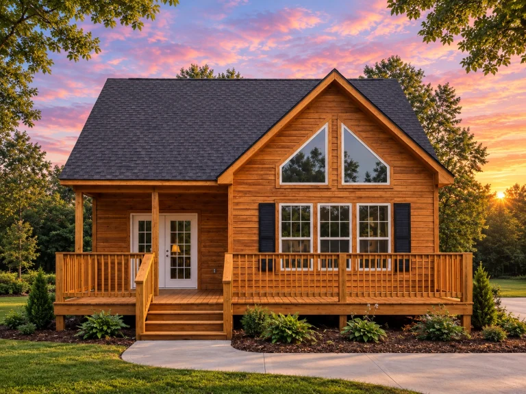 Front view of a Cottage Modern Farmhouse featuring blue siding, red double front doors, and large windows with clean white trim