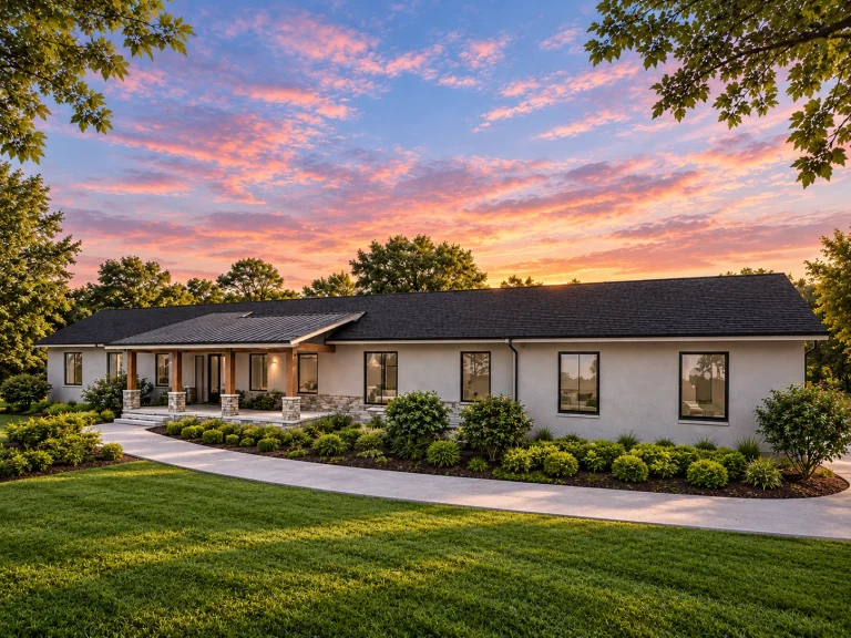 Front elevation of a Modern Farmhouse Ranch style home featuring board and batten siding, stone foundation accents, metal porch roof, and symmetrical single-story layout