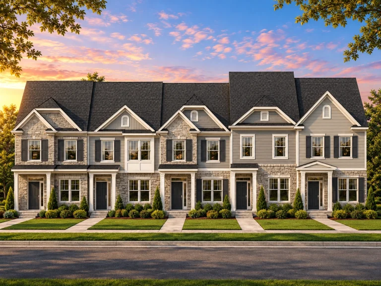 Barndominium House Plans 1 Front elevation of a traditional townhouse row featuring white siding, dark shutters, gable roofs, and stone-accented entryways