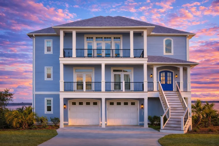 Front exterior of a Coastal Low Country style house featuring elevated construction, horizontal siding, double stacked porches, and classic Southern proportions