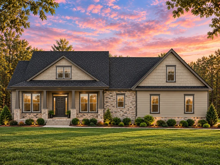 Cottage House Plans 15 Front elevation of a New American ranch-style home featuring horizontal siding, shingle gables, brick accents, and a covered front porch