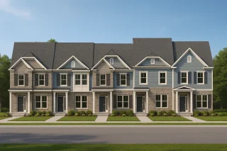 House Plans with Outdoor Kitchen 4 Front elevation of a traditional townhouse row featuring white siding, dark shutters, gable roofs, and stone-accented entryways