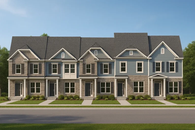 Front elevation of a traditional townhouse row featuring white siding, dark shutters, gable roofs, and stone-accented entryways