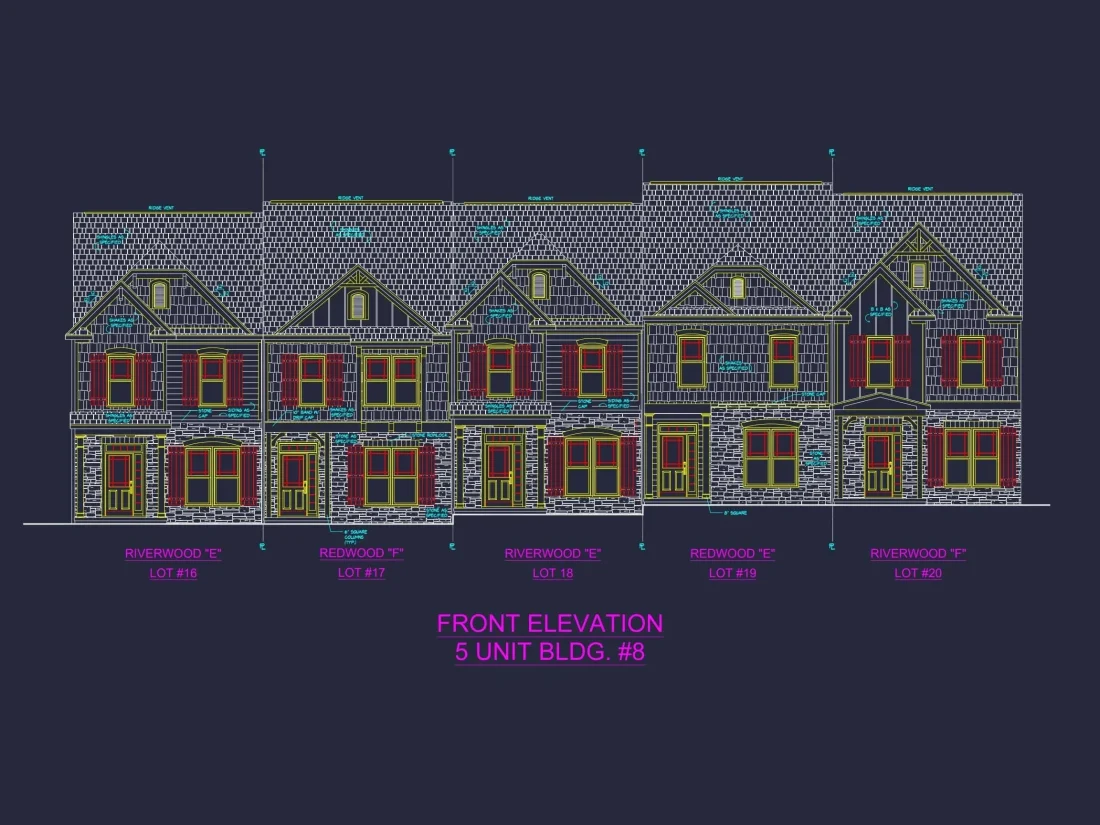 Front elevation of a traditional townhouse row featuring white siding, dark shutters, gable roofs, and stone-accented entryways