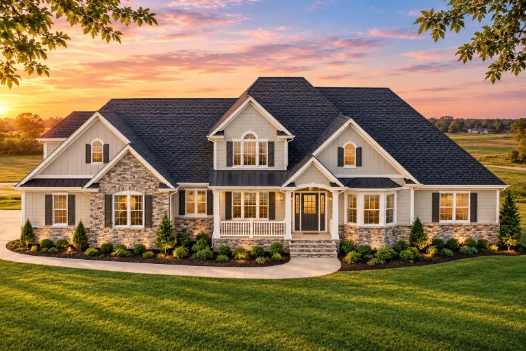 Front elevation of modern farmhouse style home with painted brick exterior, board and batten gables, black roof, and expansive covered porch