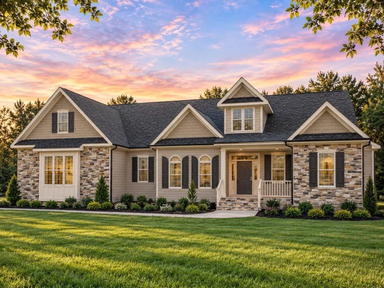 Front elevation of a Traditional Ranch style home featuring stone veneer, horizontal siding, Craftsman trim, and a welcoming covered porch